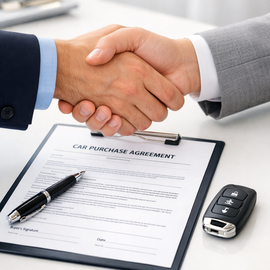 Aperto de mãos entre consultor e cliente sobre um contrato de compra de veículo, simbolizando consultoria especializada.