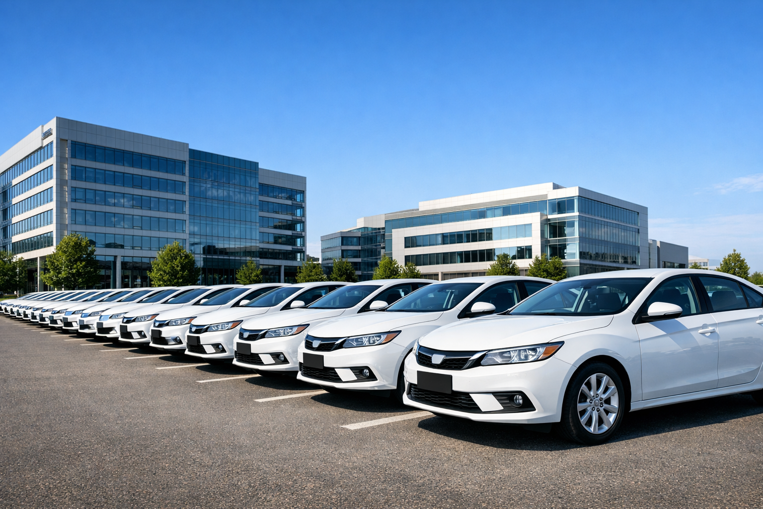 Frota de carros brancos modernos estacionados em fila, representando gestão de frotas eficiente.